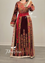 Charger l&#39;image dans la galerie, Th Maroon Velvet Malacca Embroidered Palestinian Fellahi Thobe
