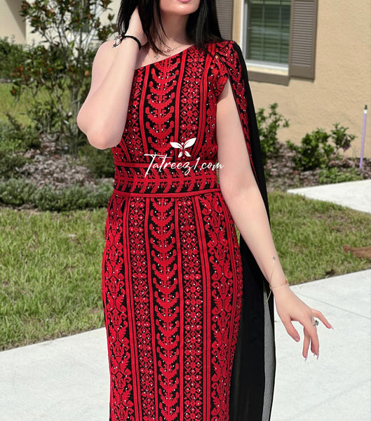 Stunning Red Carpet One Shoulder Fully Embroidery Long Dress Tatreez1 Stunning Red Carpet One Shoulder Fully Embroidery Long Dress Tatreez1