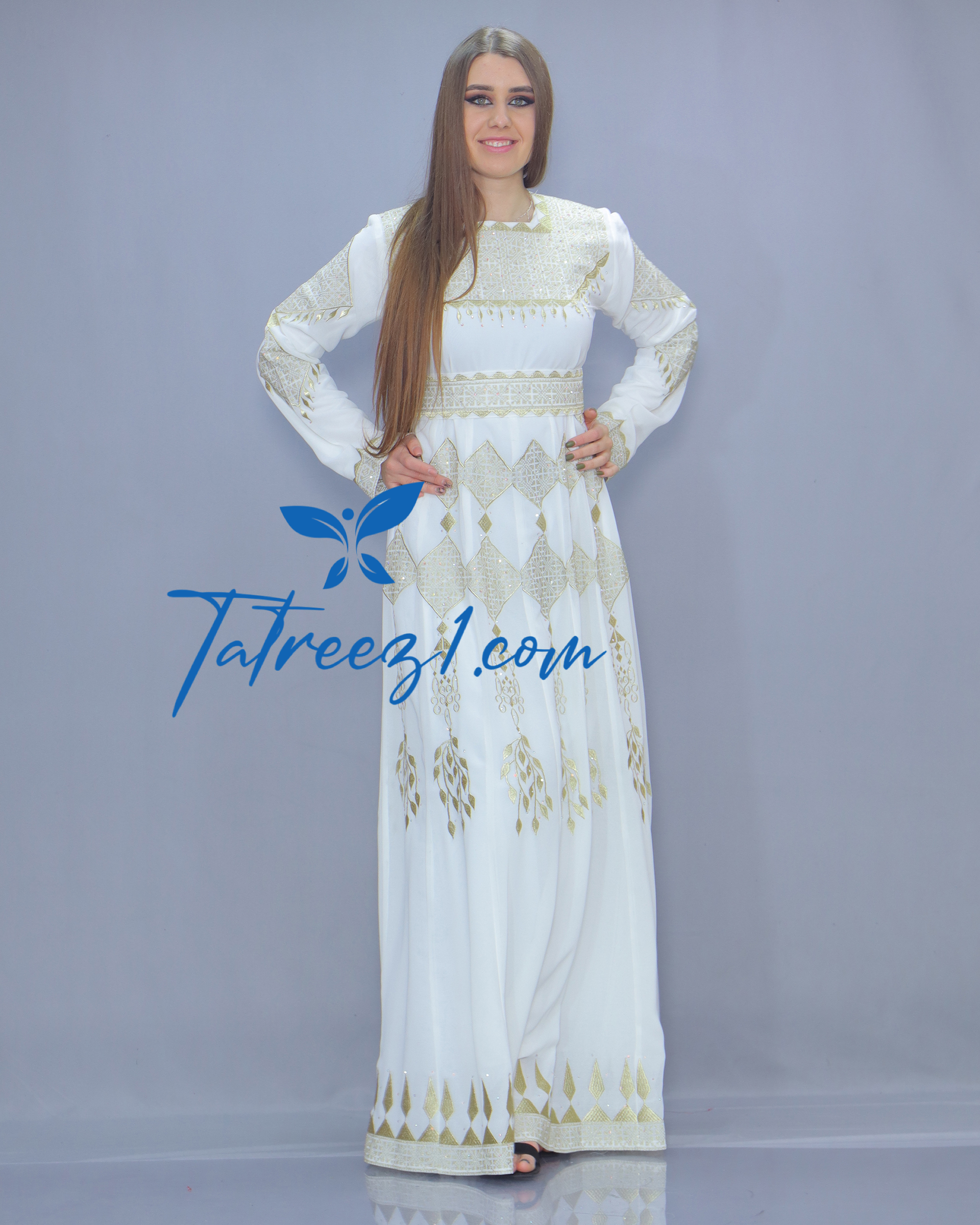 Stunning Chiffon White & Gold  Embroidery Long Maxi Thoub