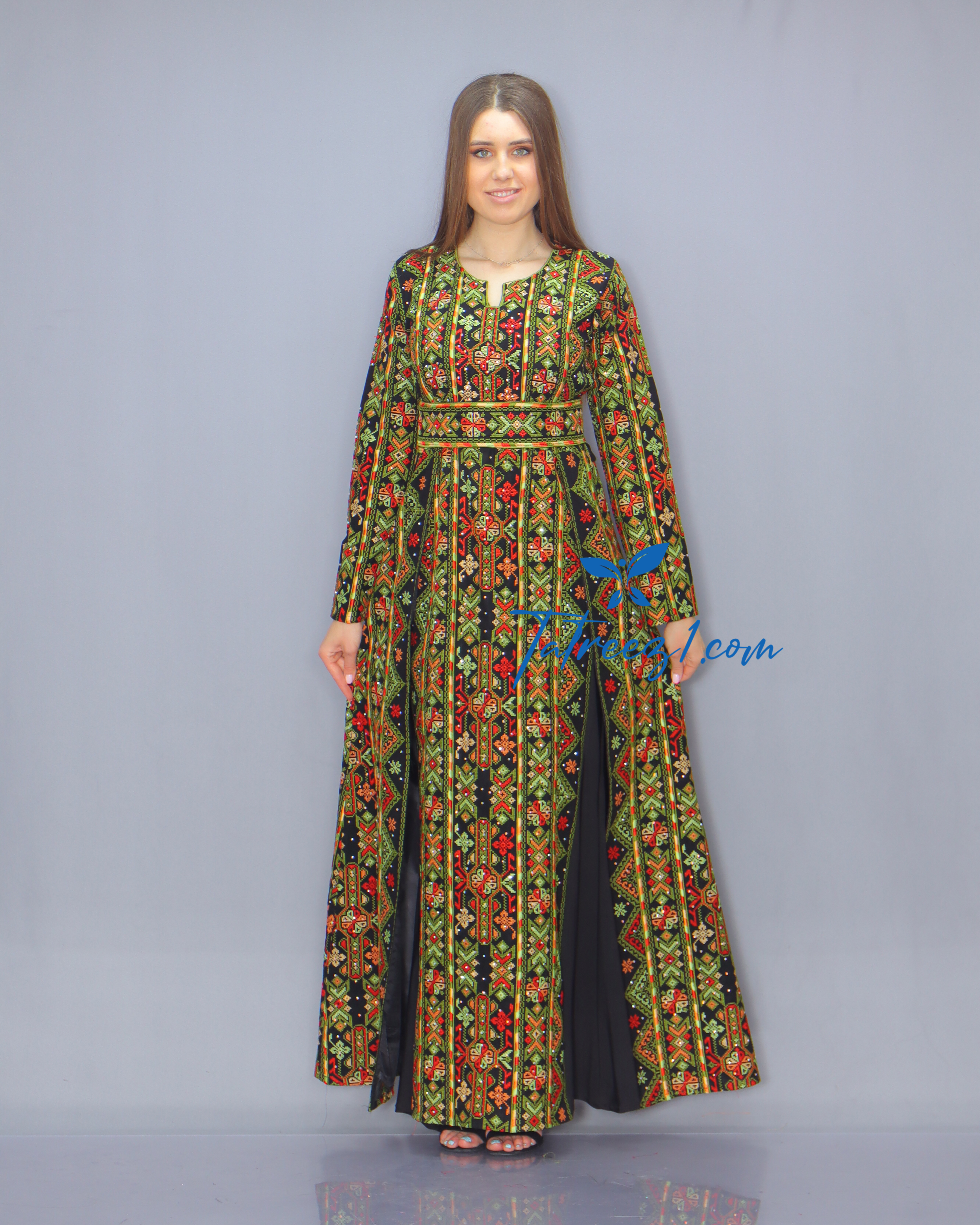 Green Color Fully Embroidery  Thoub Skirt Attached