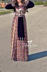 Load image into Gallery viewer, Stunning Purple Thoub Multicolored Embroidery Elegant Velvet Palestinian Thoub
