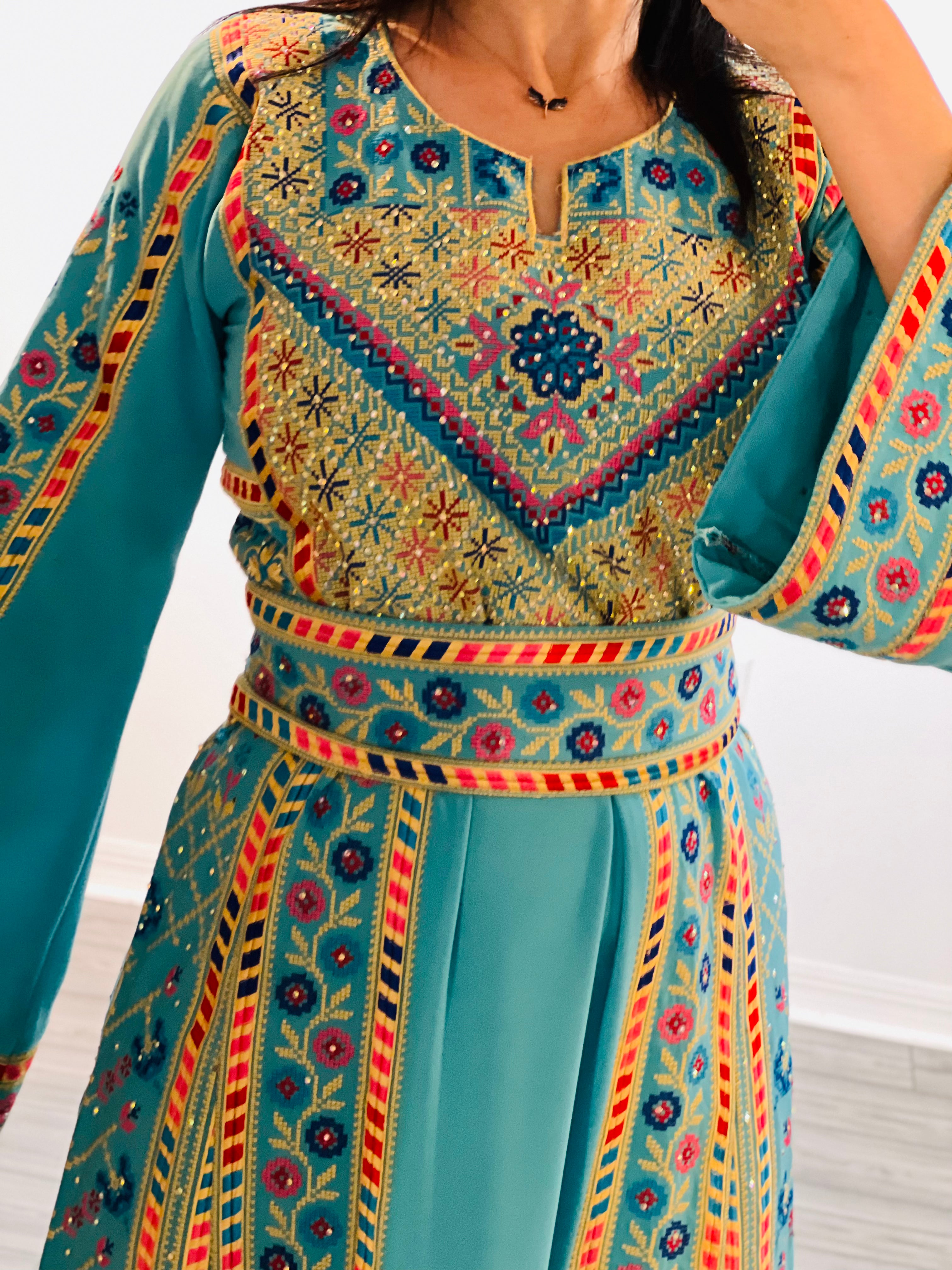 Turquoise Traditional Embroidery Thoub Stone Wide Sleeve Elegant