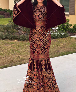 Maroon Luxury Mermaid Embroidery Velvet Thoub