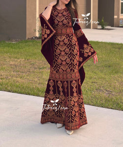 Maroon Luxury Mermaid Embroidery Velvet Thoub