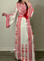 Load image into Gallery viewer, Traditional Red Embroidery Thoub Stone Wide Sleeve Elegant with Reversible Belt
