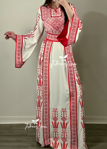 Traditional Red Embroidery Thoub Stone Wide Sleeve Elegant with Reversible Belt