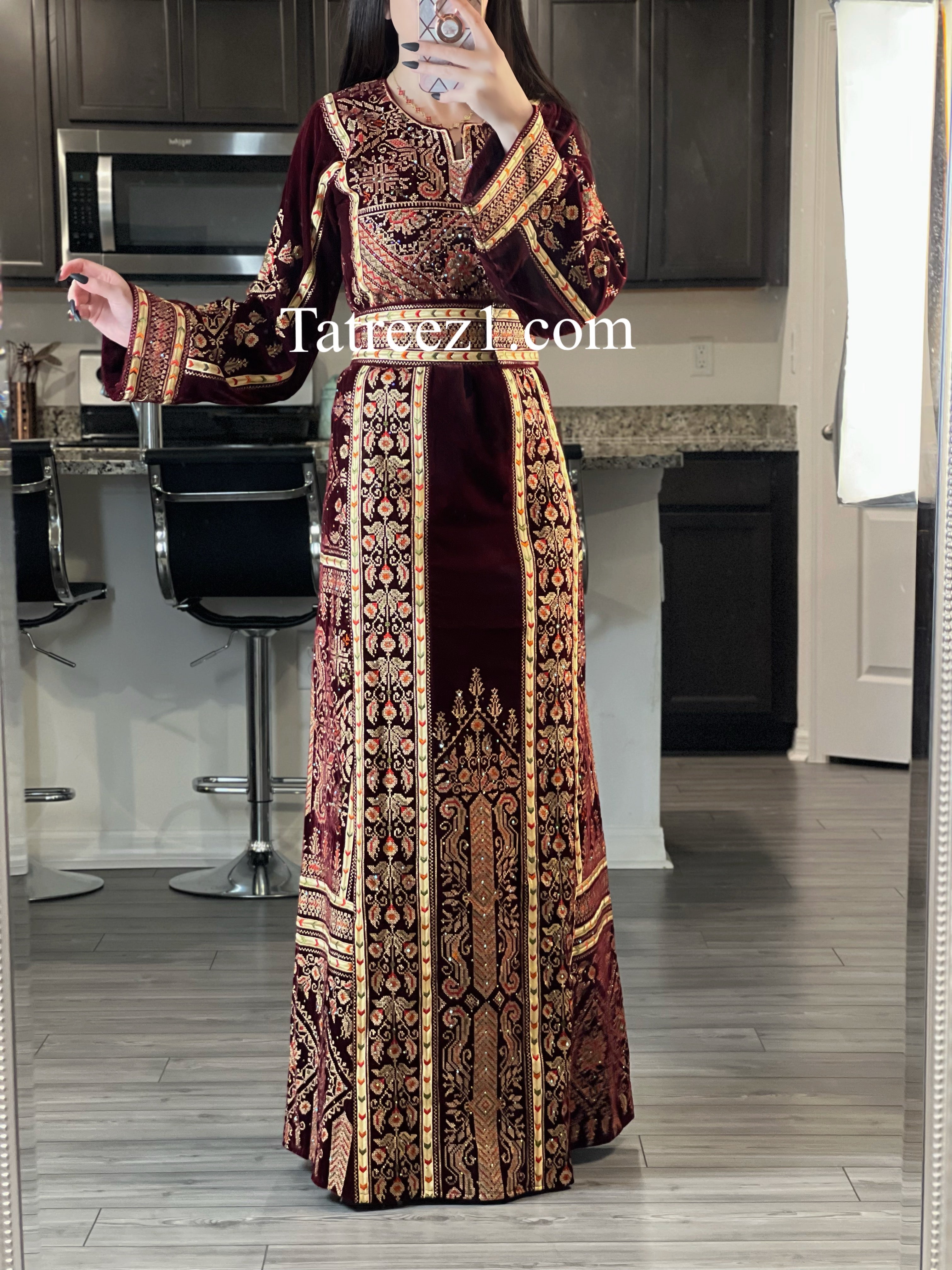 Maroon Gold Embroidery Silk Velvet Stone Thobe