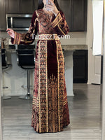 Load image into Gallery viewer, Maroon Gold Embroidery Silk Velvet Stone Thobe
