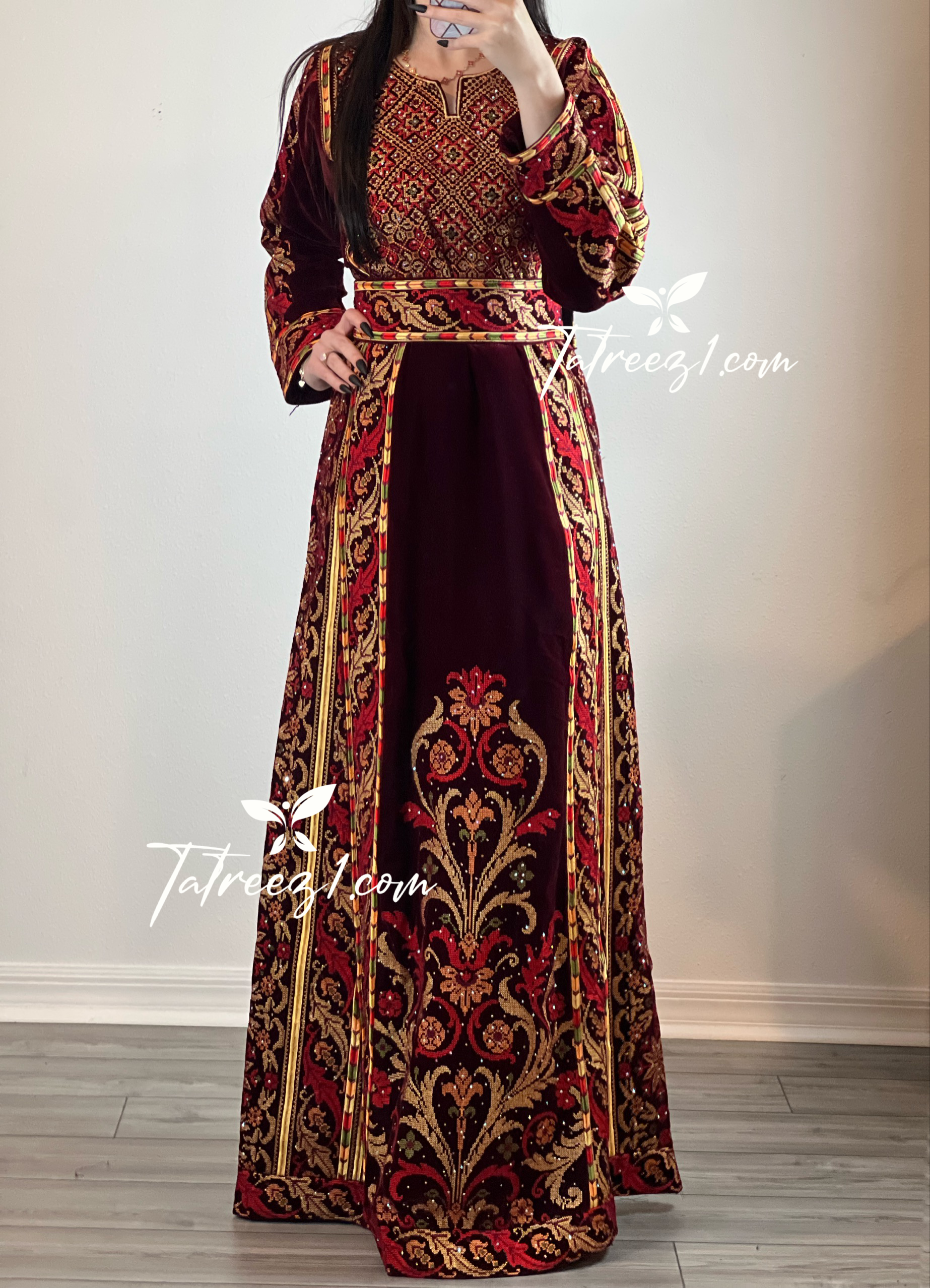 Maroon Stunning Velvet Thoub With Removable Skirt