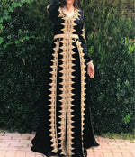 Charger l&#39;image dans la galerie, Black Velvet Moroccan Embroidery stone caftan with skirt attached
