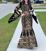 Load image into Gallery viewer, Black Luxury Mermaid Gold Embroidery Velvet Thoub
