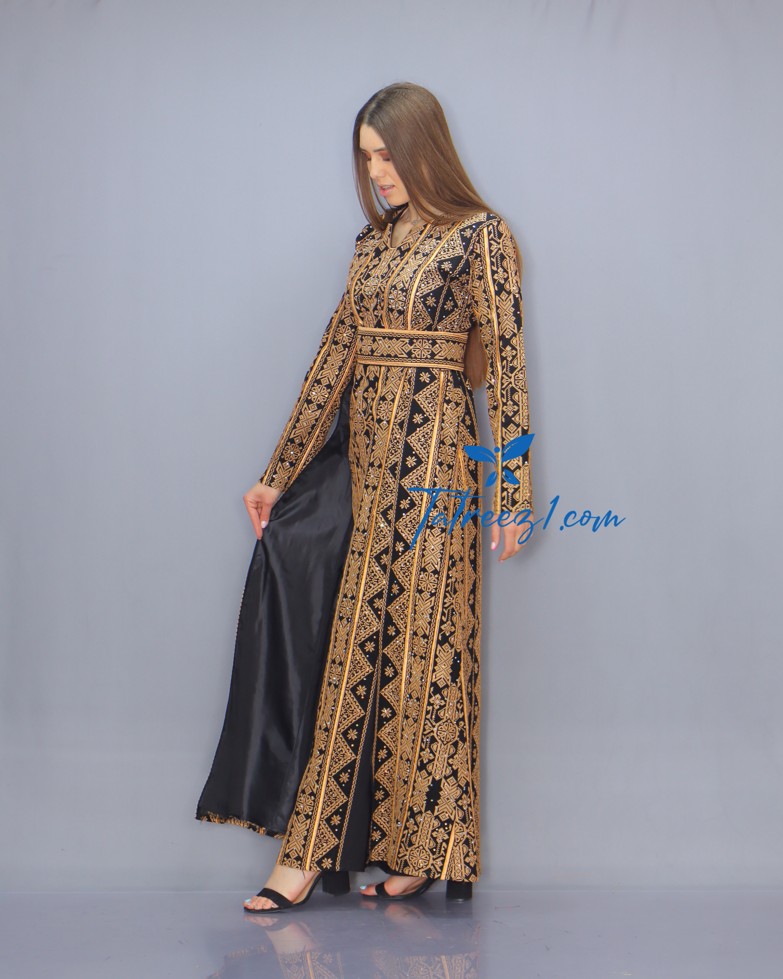 Gold Color Fully Embroidery Thoub Skirt Dress