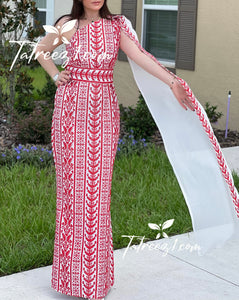 White & Red Stunning  One Shoulder Fully Embroidery Long Dress