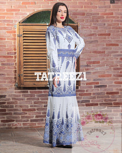 Elegant Stone Embroidery With Blue & White Long Maxi Dress