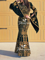 Load image into Gallery viewer, Green Luxury Mermaid Gold Embroidery Velvet Thoub
