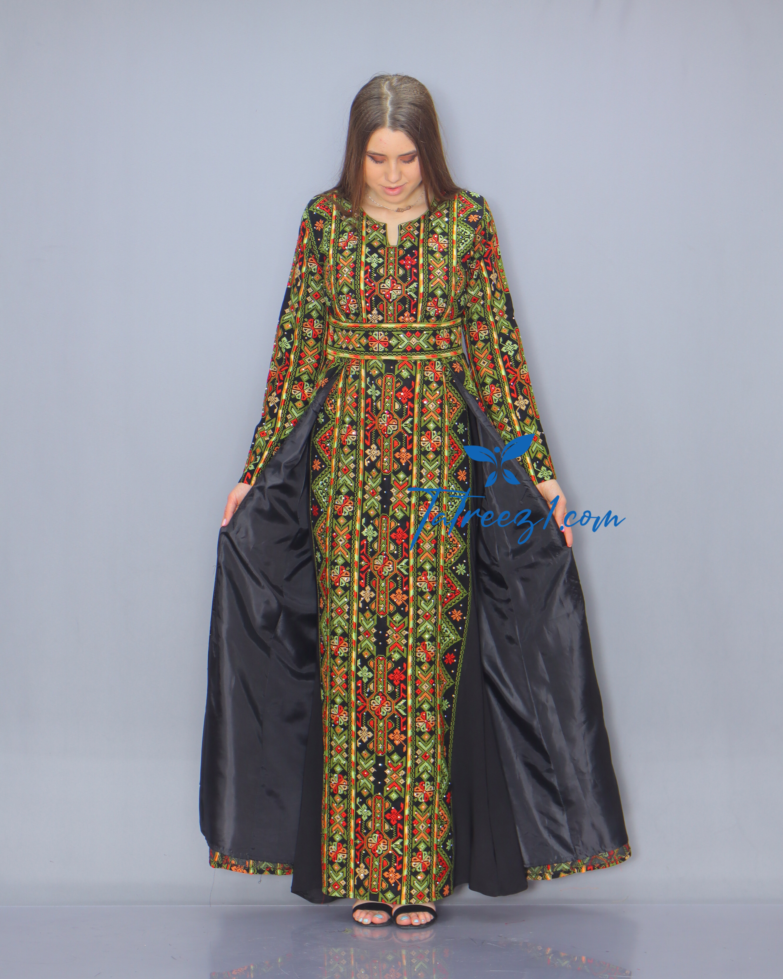 Green Color Fully Embroidery  Thoub Skirt Attached