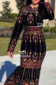 Black Stunning Mermaid Multicolored Embroidery Velvet Thoub