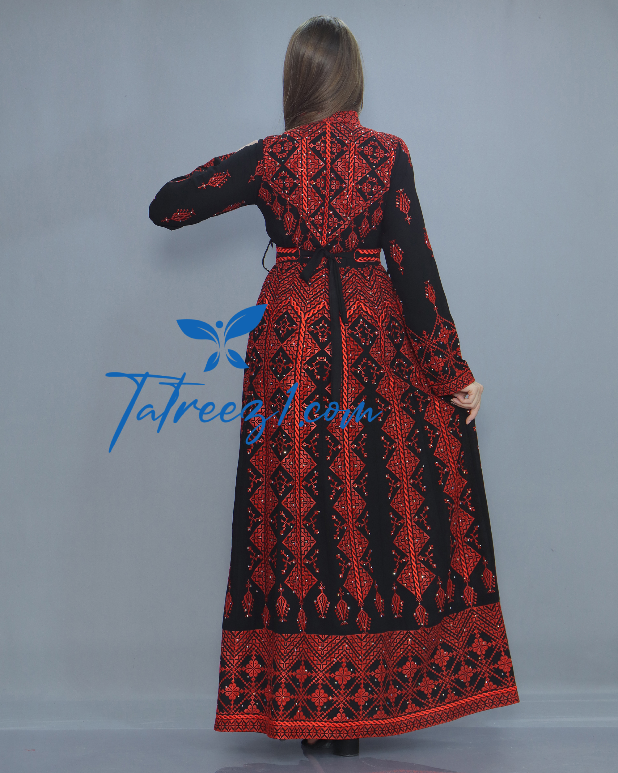 Red Embroidery Stone Caftan Long Maxi Dress