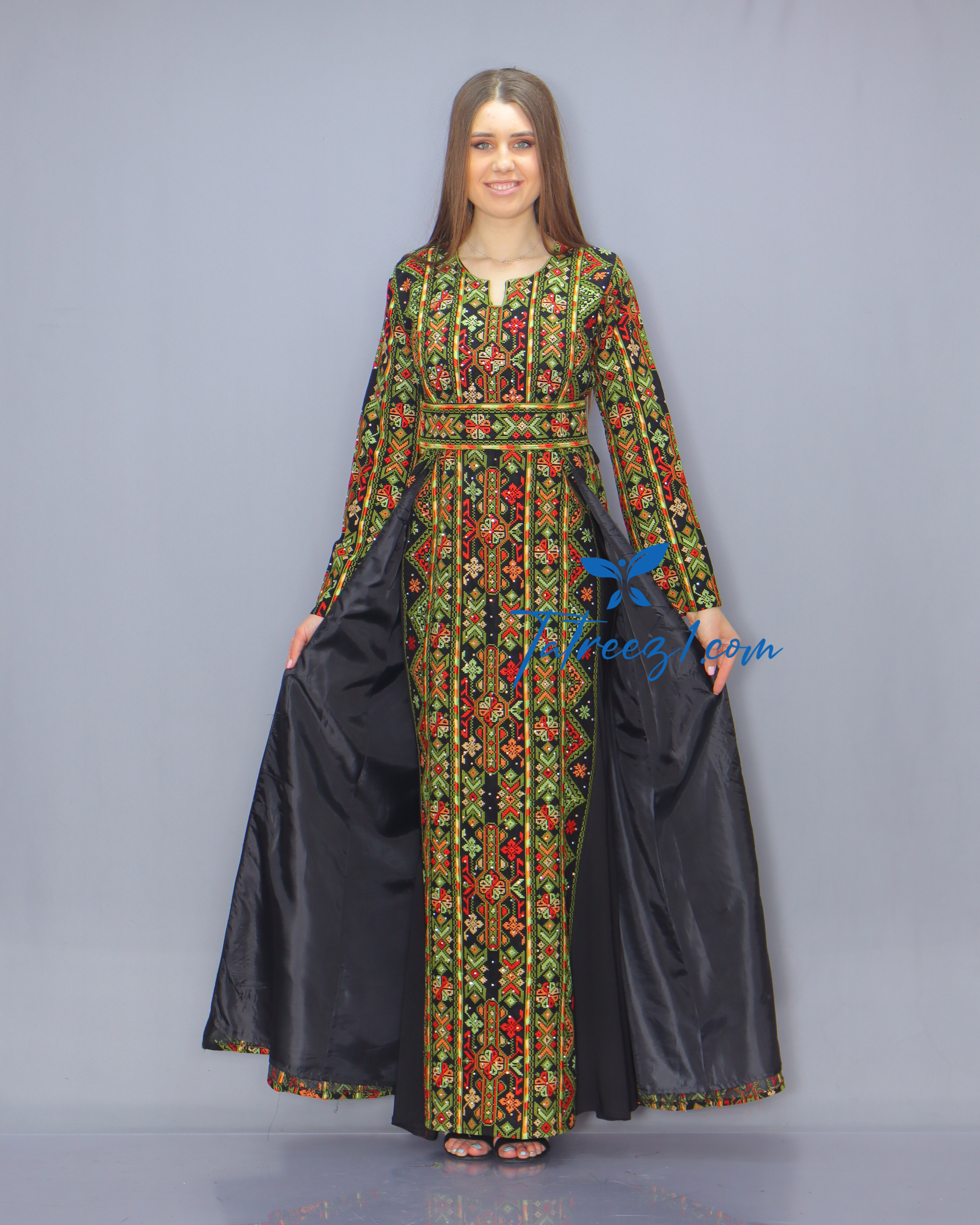 Green Color Fully Embroidery  Thoub Skirt Attached