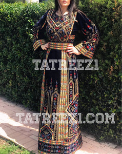 Embroidery Dark Navy Velvet Stones Long Thoub