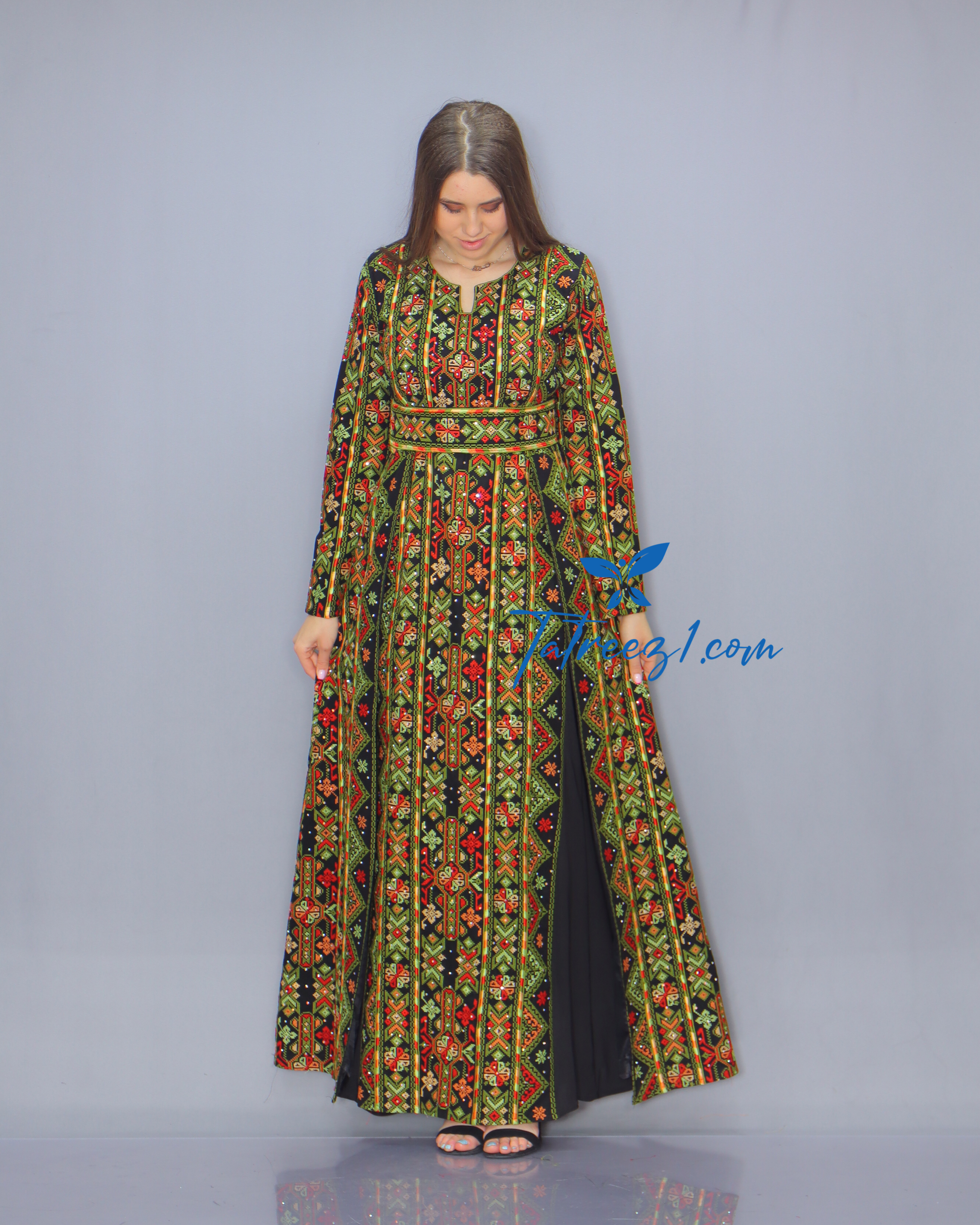 Green Color Fully Embroidery  Thoub Skirt Attached