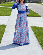 Charger l&#39;image dans la galerie, Blue Fully Embroidered  Thoub Dress with Reversible Belt
