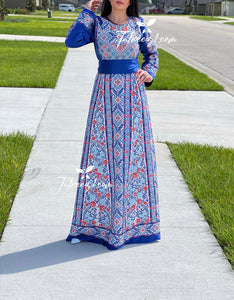 Blue Fully Embroidered  Thoub Dress with Reversible Belt