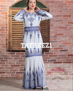 Elegant Stone Embroidery With Blue & White Long Maxi Dress