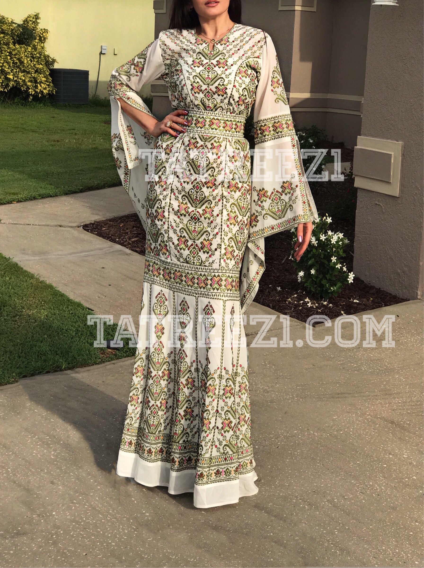 Miss Princess Off White With Green Embroidery Long Thoub Dress