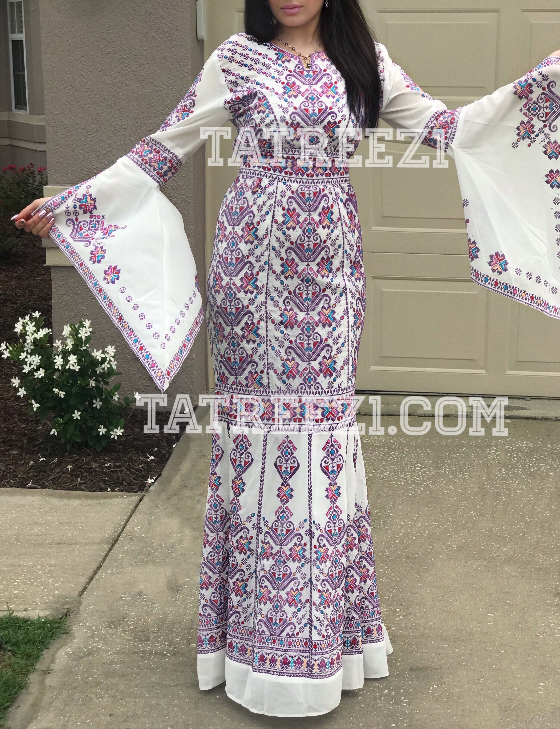 Miss Princess Off White With Purple Embroidery Long Thoub Dress