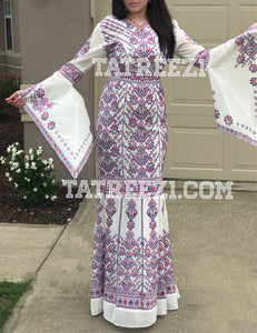 Miss Princess Off White With Purple Embroidery Long Thoub Dress