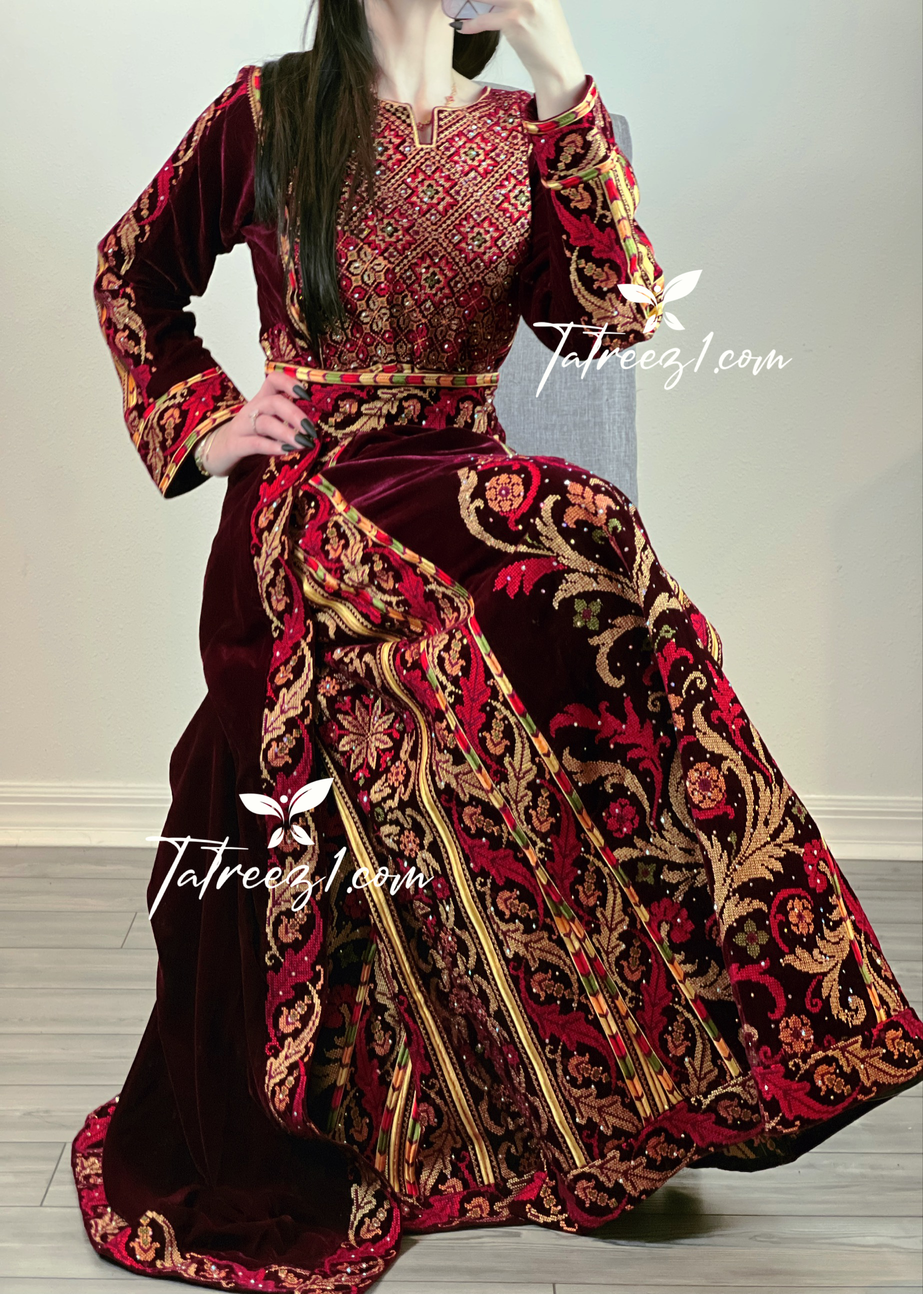 Maroon Stunning Velvet Thoub With Removable Skirt