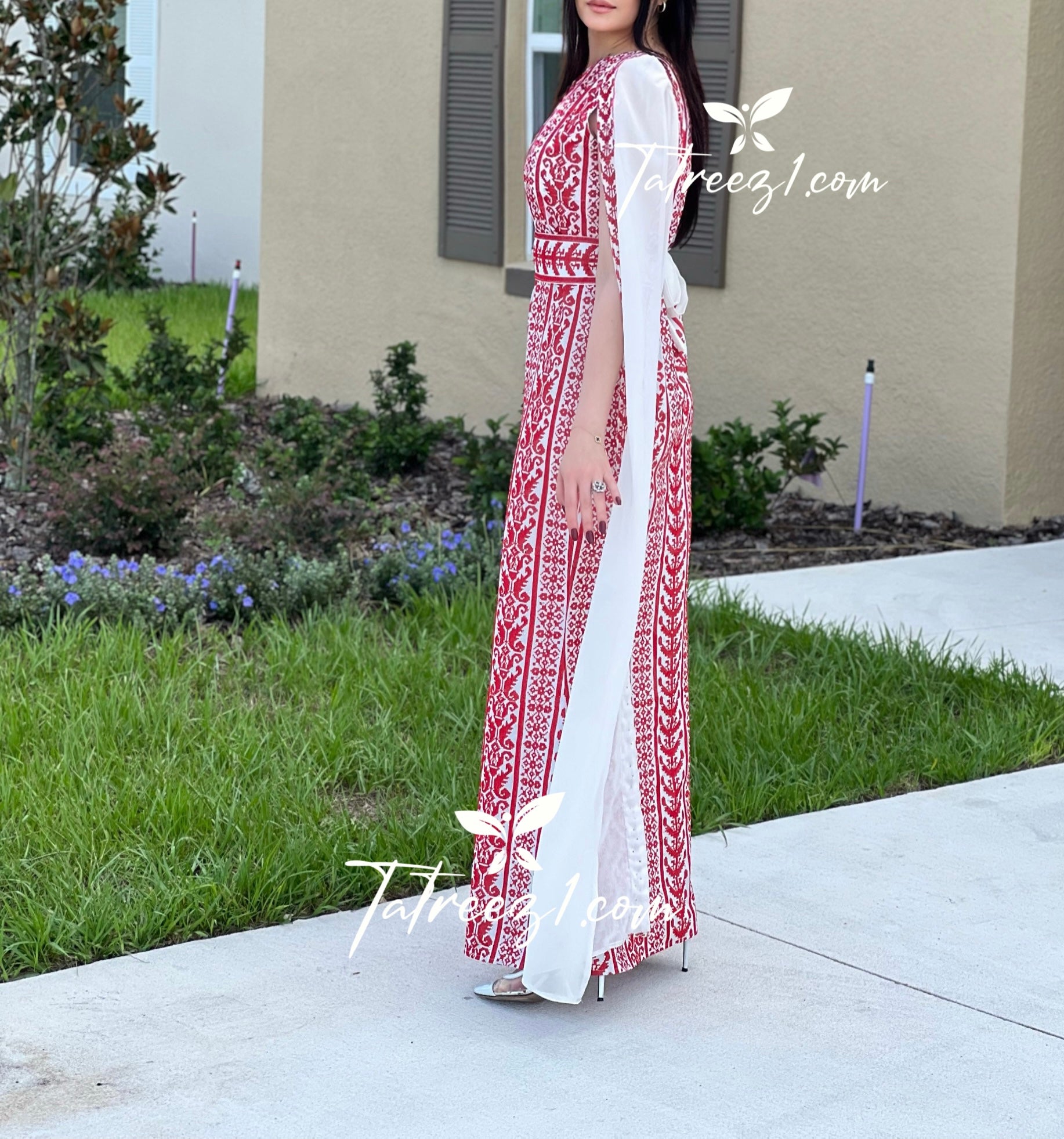 White & Red Stunning  One Shoulder Fully Embroidery Long Dress