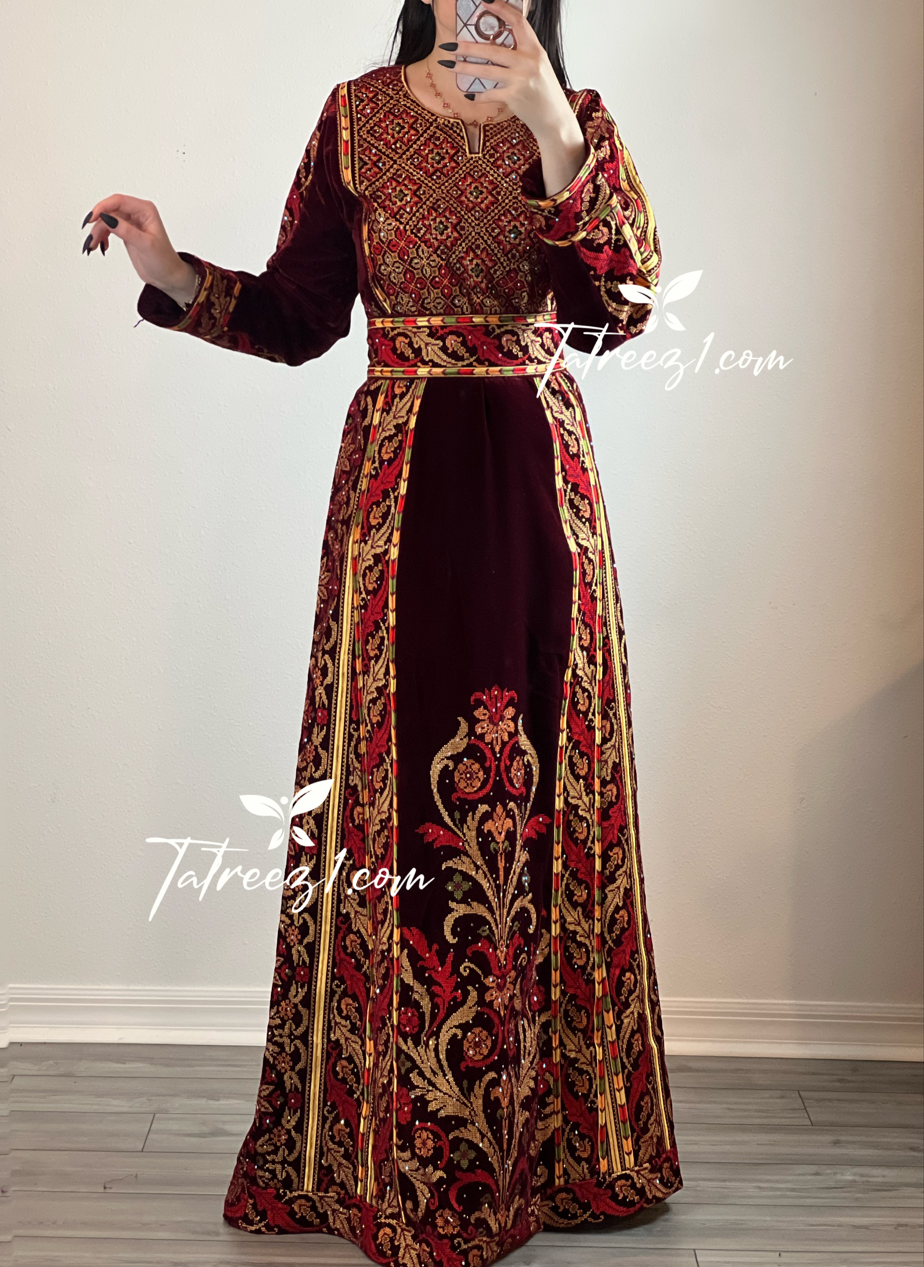 Maroon Stunning Velvet Thoub With Removable Skirt