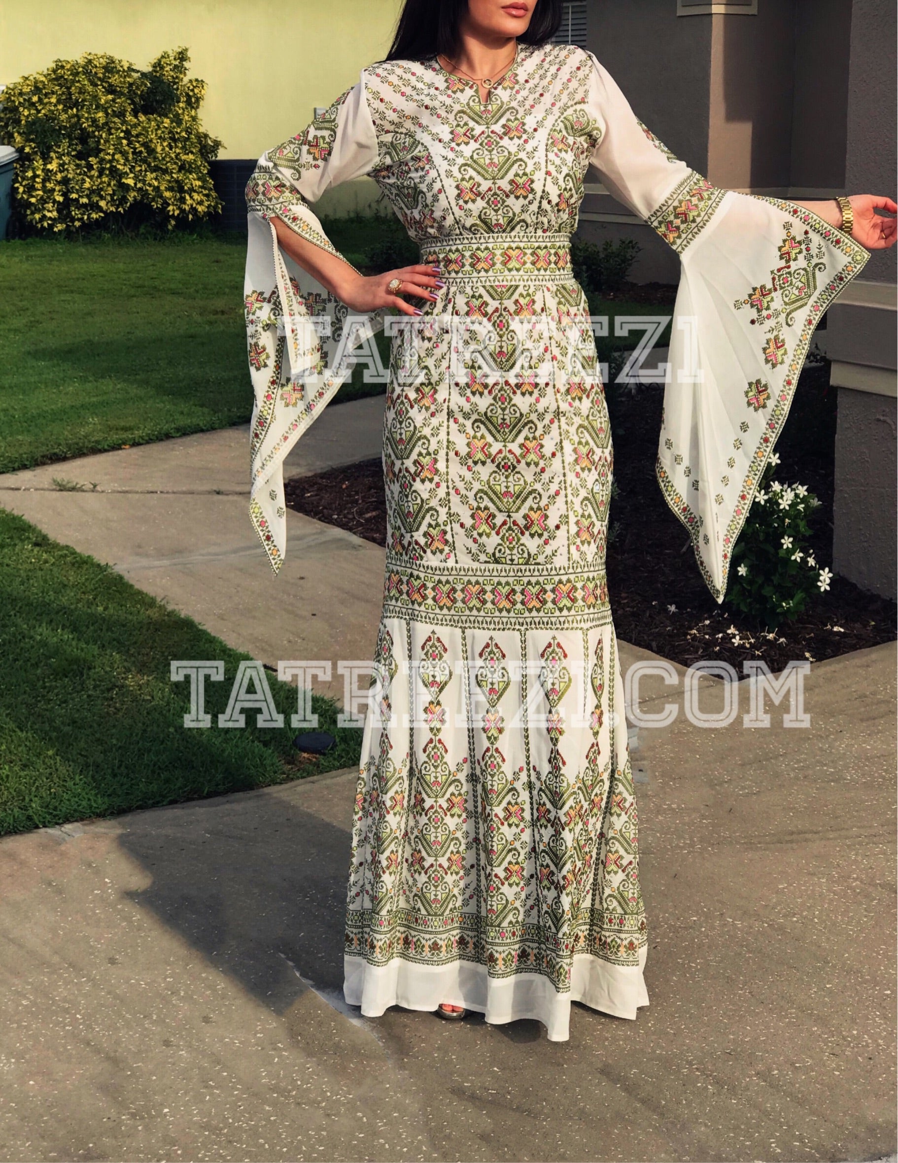 Miss Princess Off White With Green Embroidery Long Thoub Dress