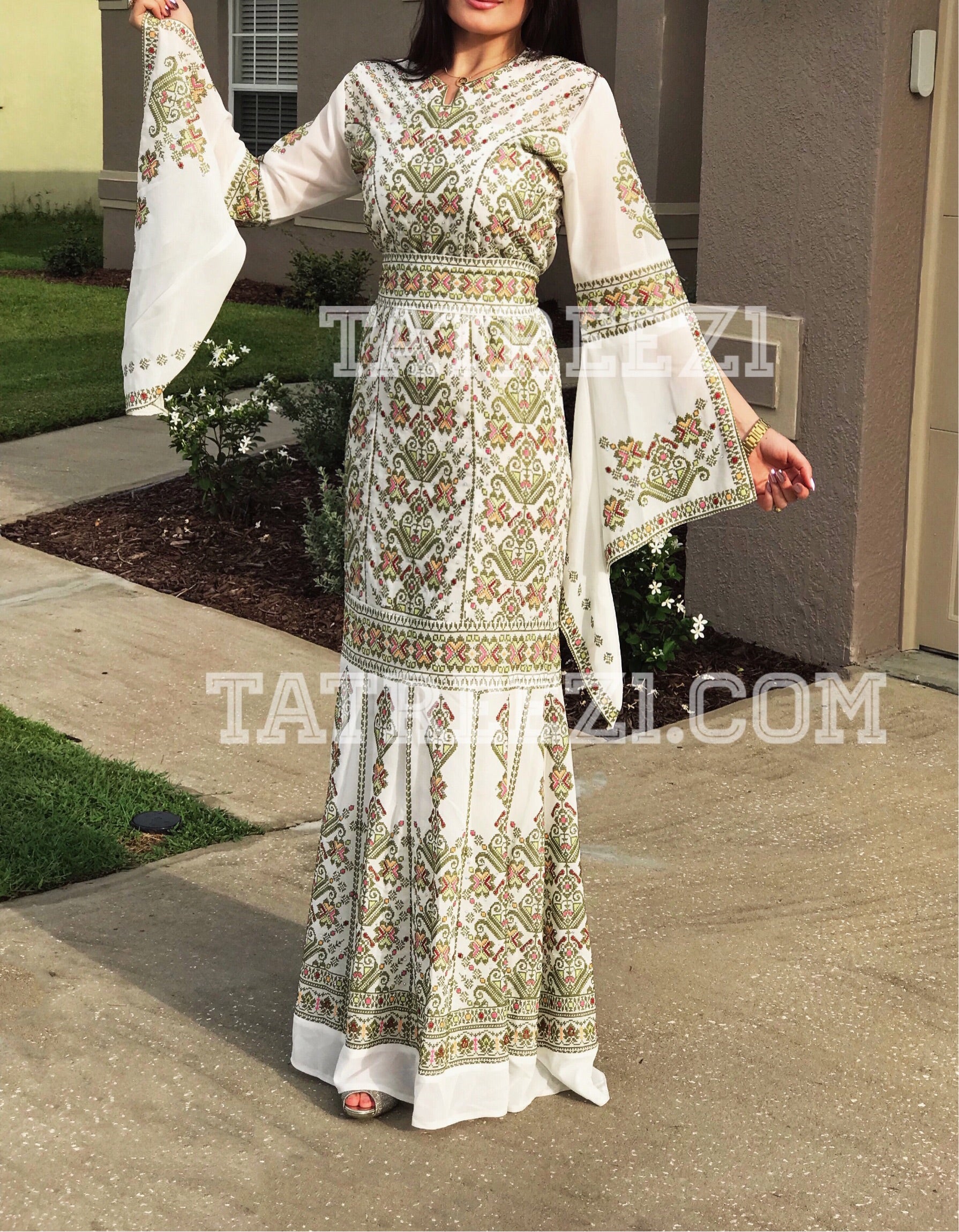 Miss Princess Off White With Green Embroidery Long Thoub Dress