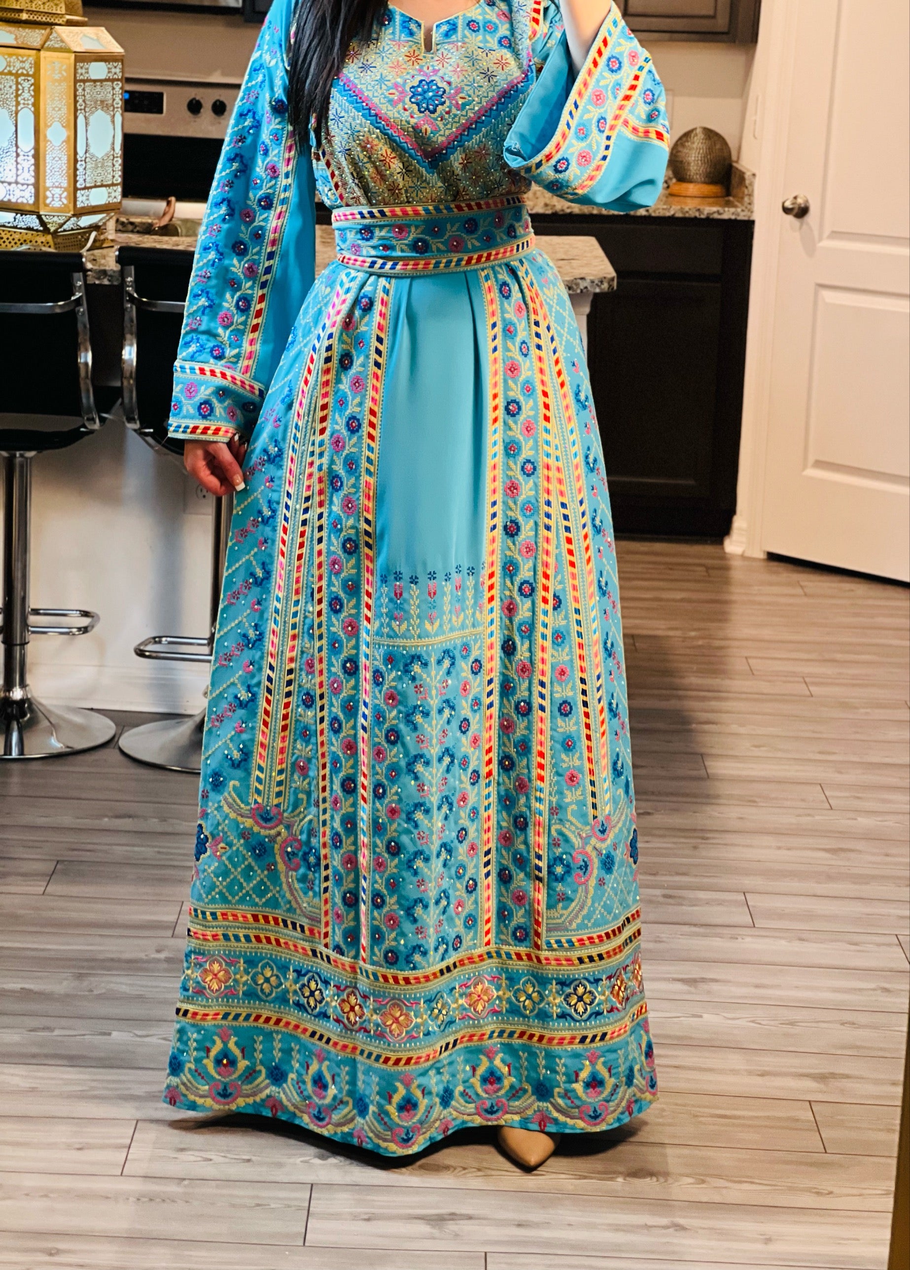 Turquoise Traditional Embroidery Thoub Stone Wide Sleeve Elegant