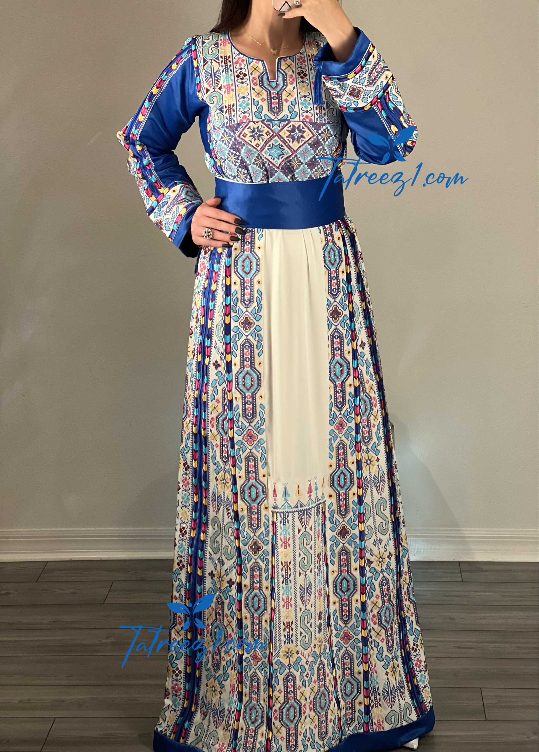 Blue Malacca Delicate Stone Embroidery Thobe with Reversible Satin Belt