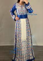 Load image into Gallery viewer, Blue Malacca Delicate Stone Embroidery Thobe with Reversible Satin Belt
