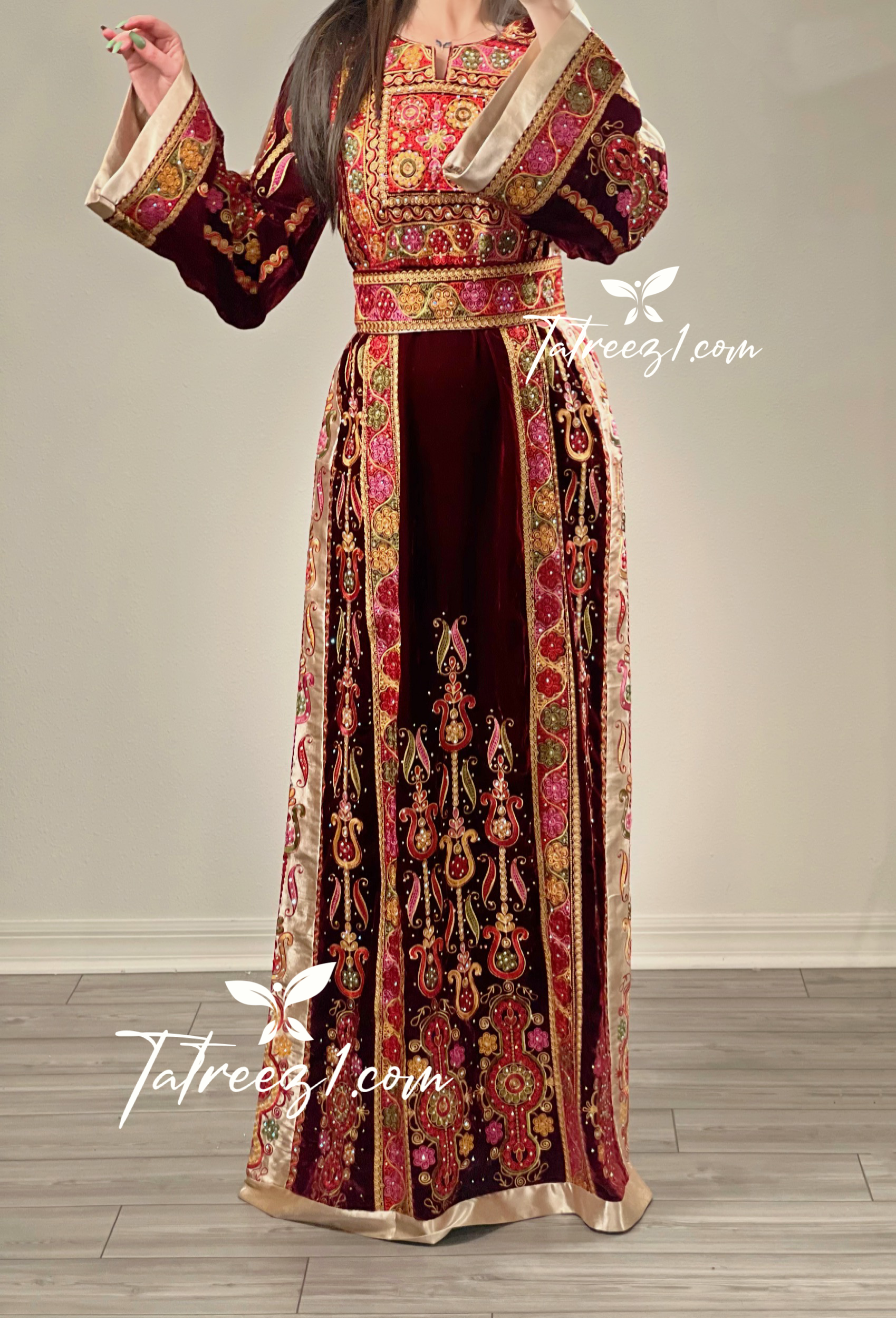 Th Maroon Velvet Malacca Embroidered Palestinian Fellahi Thobe