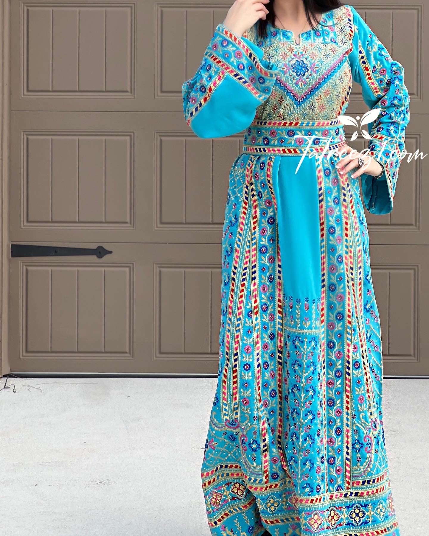 Turquoise Traditional Embroidery Thoub Stone Wide Sleeve Elegant