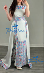 Load image into Gallery viewer, White Off Shoulder Floral Embroidered Overskirt Long Dress
