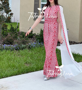 White & Red Stunning  One Shoulder Fully Embroidery Long Dress