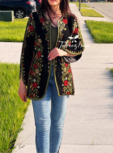 Stunning Long Jacket Red Flowers Embroidery