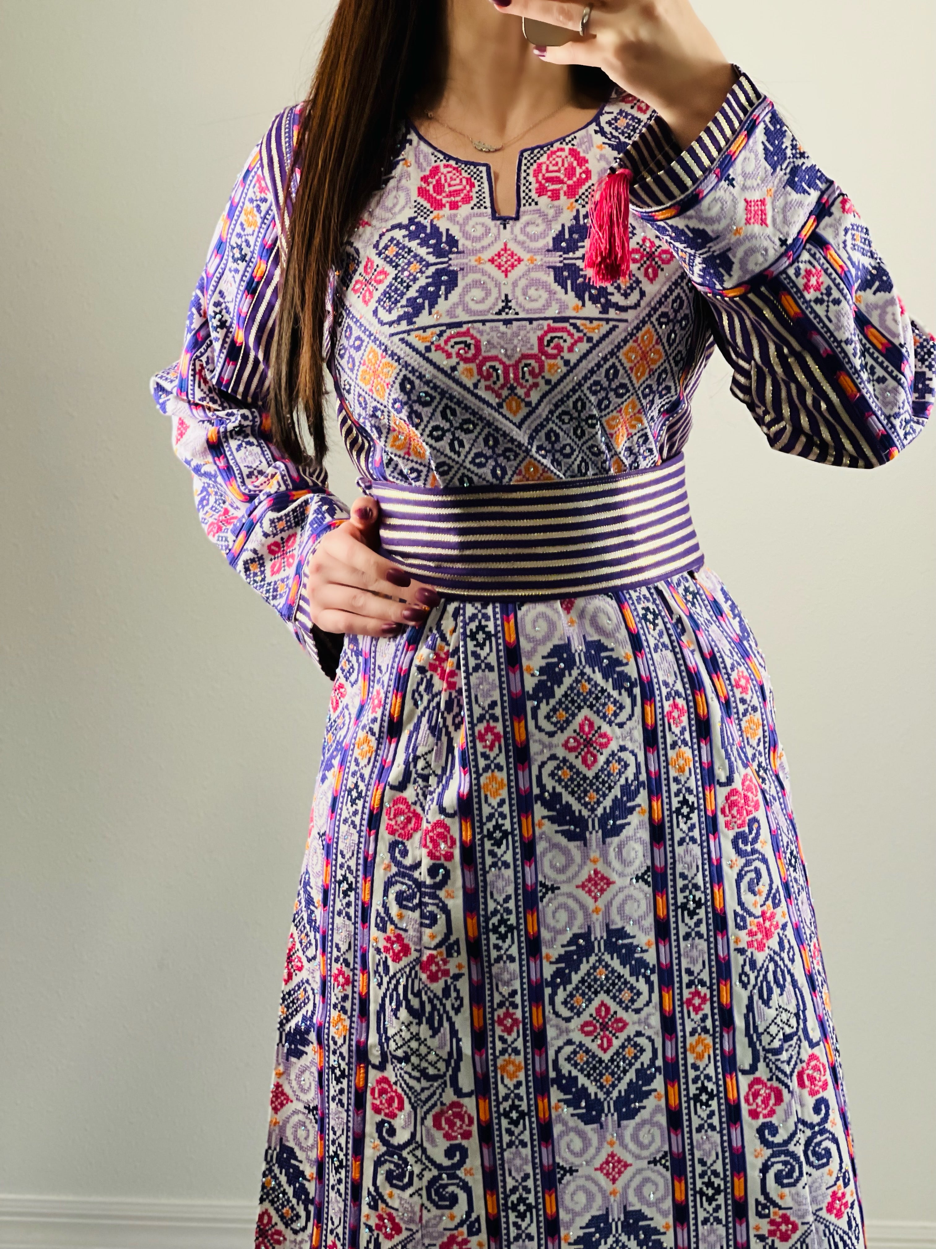 Purple Kashmir Sleeve Stoned Fully  Embroidery Thobe with Reversible Belt