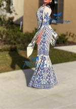 Load image into Gallery viewer, Cream Luxury Mermaid Blue Embroidery Velvet Thoub
