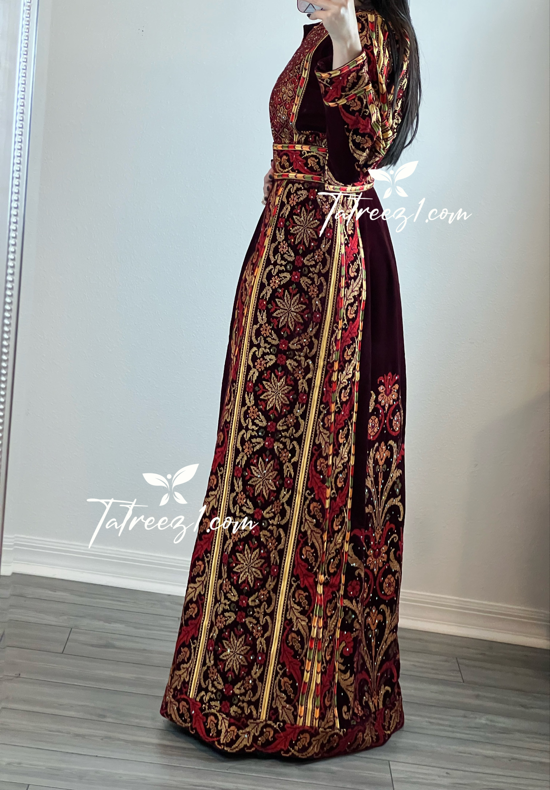 Maroon Stunning Velvet Thoub With Removable Skirt