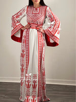 Load image into Gallery viewer, Traditional Red Embroidery Thoub Stone Wide Sleeve Elegant with Reversible Belt
