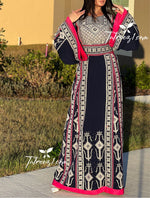 Load image into Gallery viewer, Navy Embroidery Qasab Thoub  Wide Sleeve Elegant with Reversible Belt
